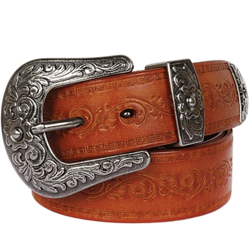 Brown leather belt with silver buckle and designs.