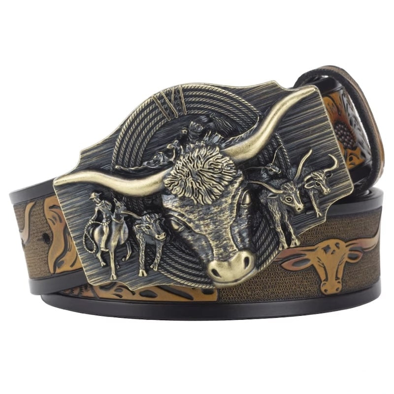 Bronze-colored western-style belt with steer buckle.
