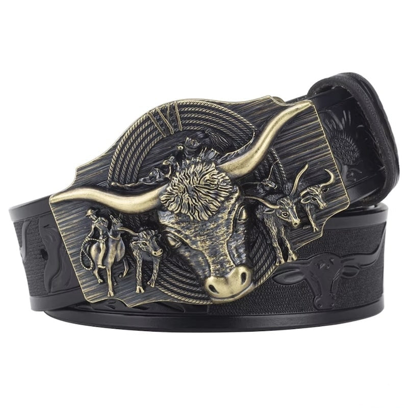 Black leather belt with bronze bull buckle.
