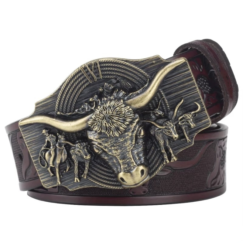 Leather belt with a decorative metal buckle.