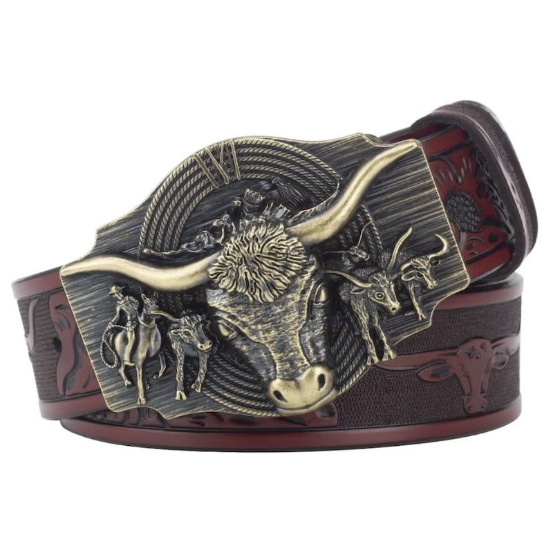 Brown leather belt with an antique brass buckle depicting a steer and cowboys.