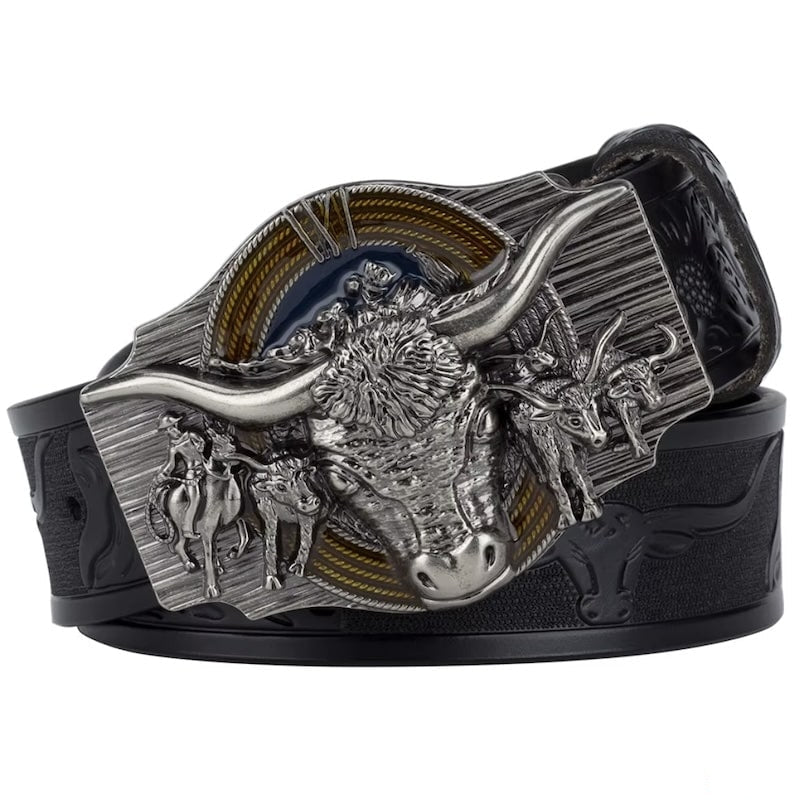 Leather belt with a silver-toned bull and cowboy buckle.