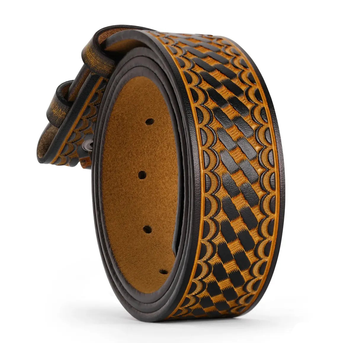 Brown and black leather belt with woven pattern.
