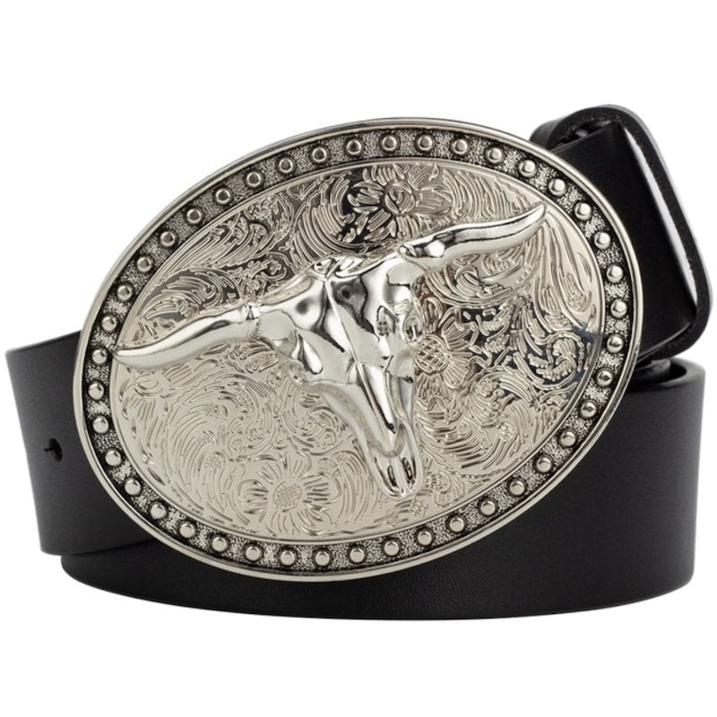 Black belt with silver bull skull belt buckle.
