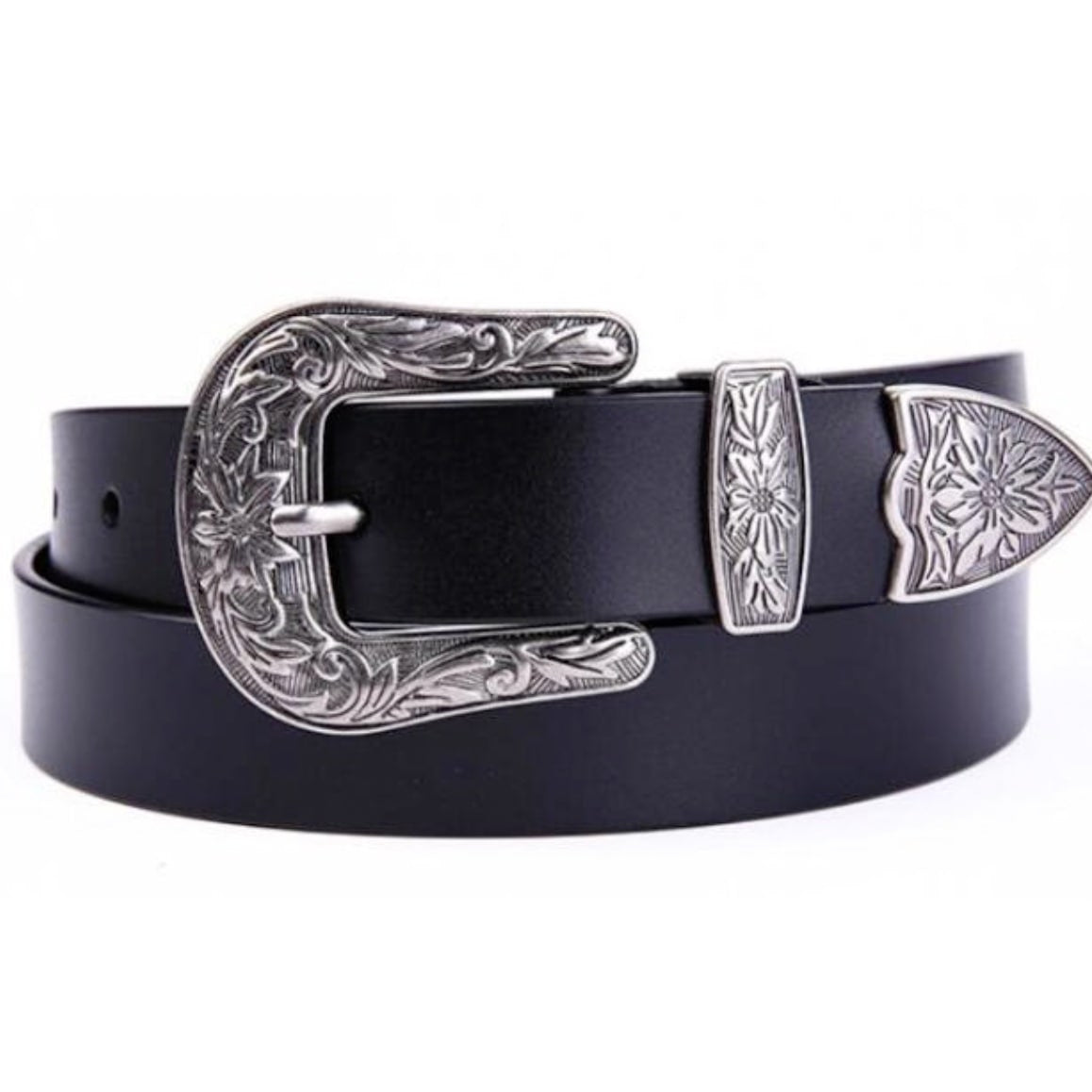 Black leather belt with a silver-toned decorative buckle, loop, and tip.
