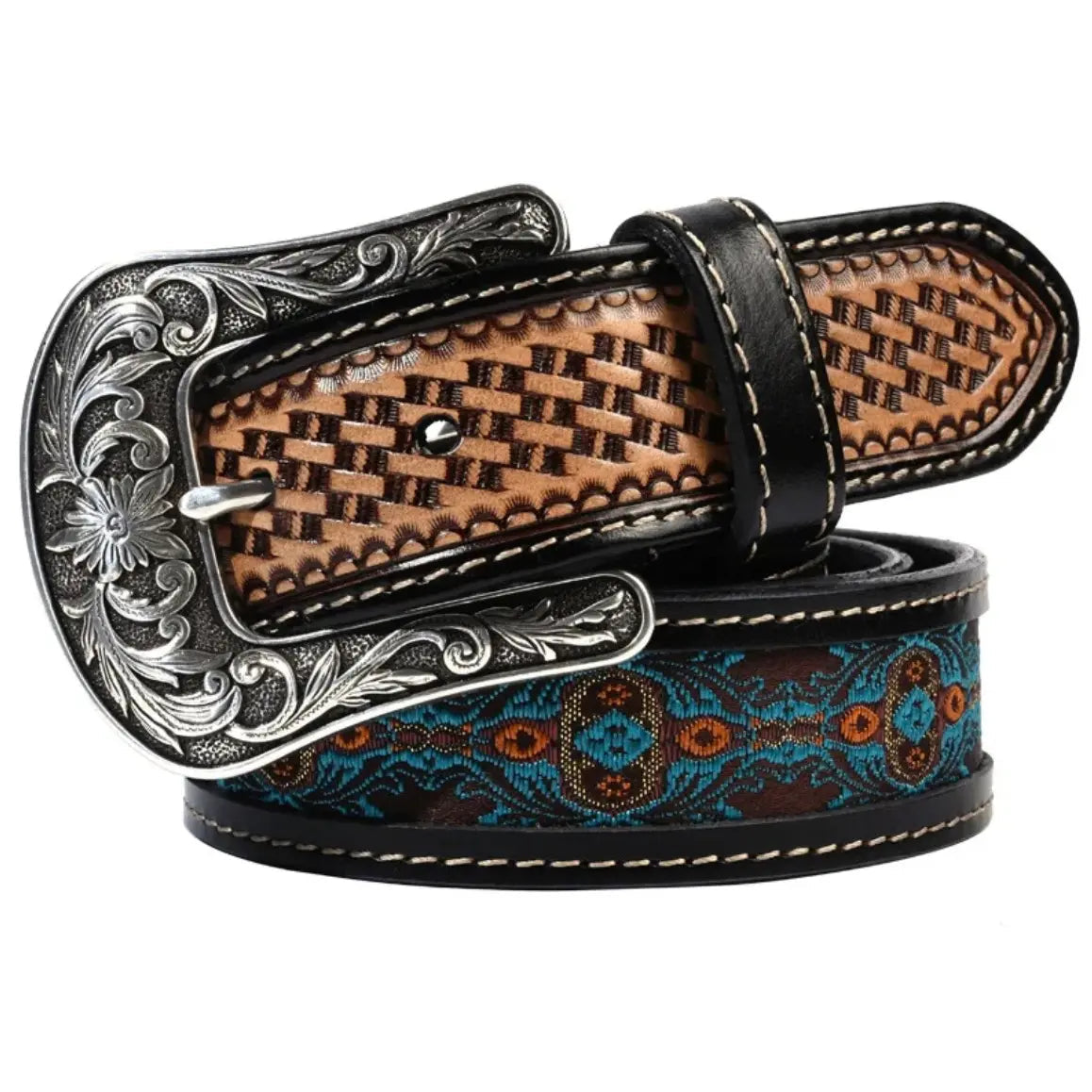 A Western belt with a decorative silver buckle.