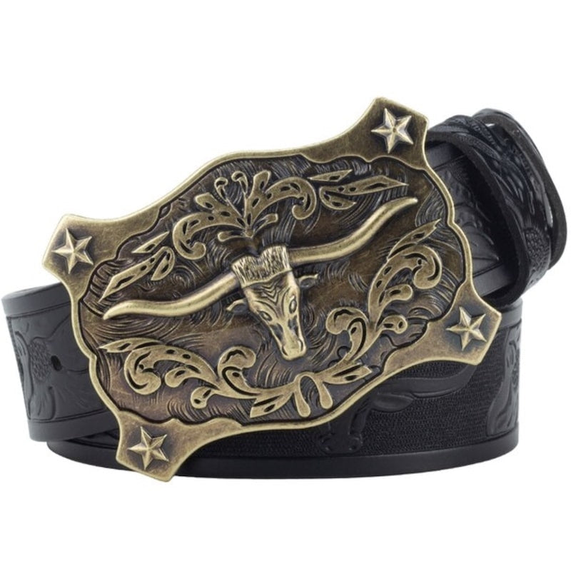 Black leather belt with an ornate, antique gold-tone bull head buckle featuring star accents.
