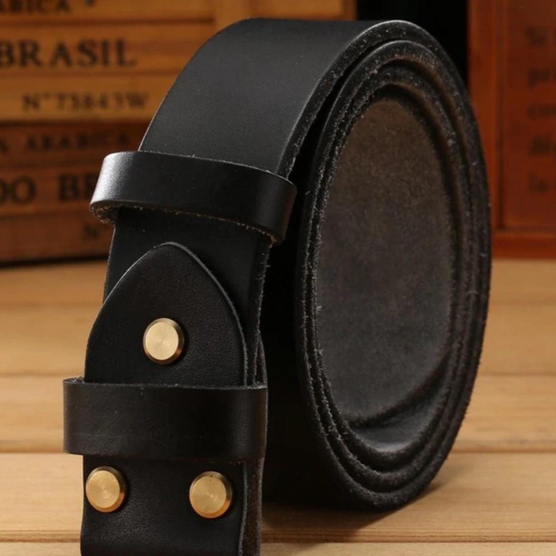 Rolled black leather belt with gold rivets.