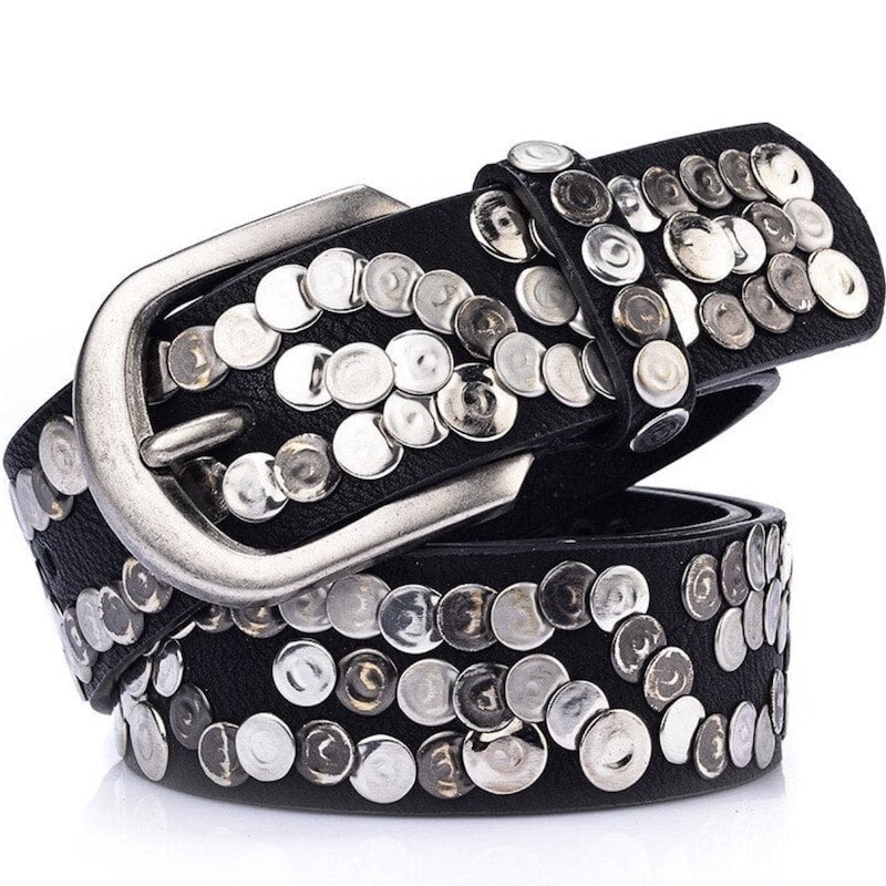 Black leather belt with silver buckle and circular studs.
