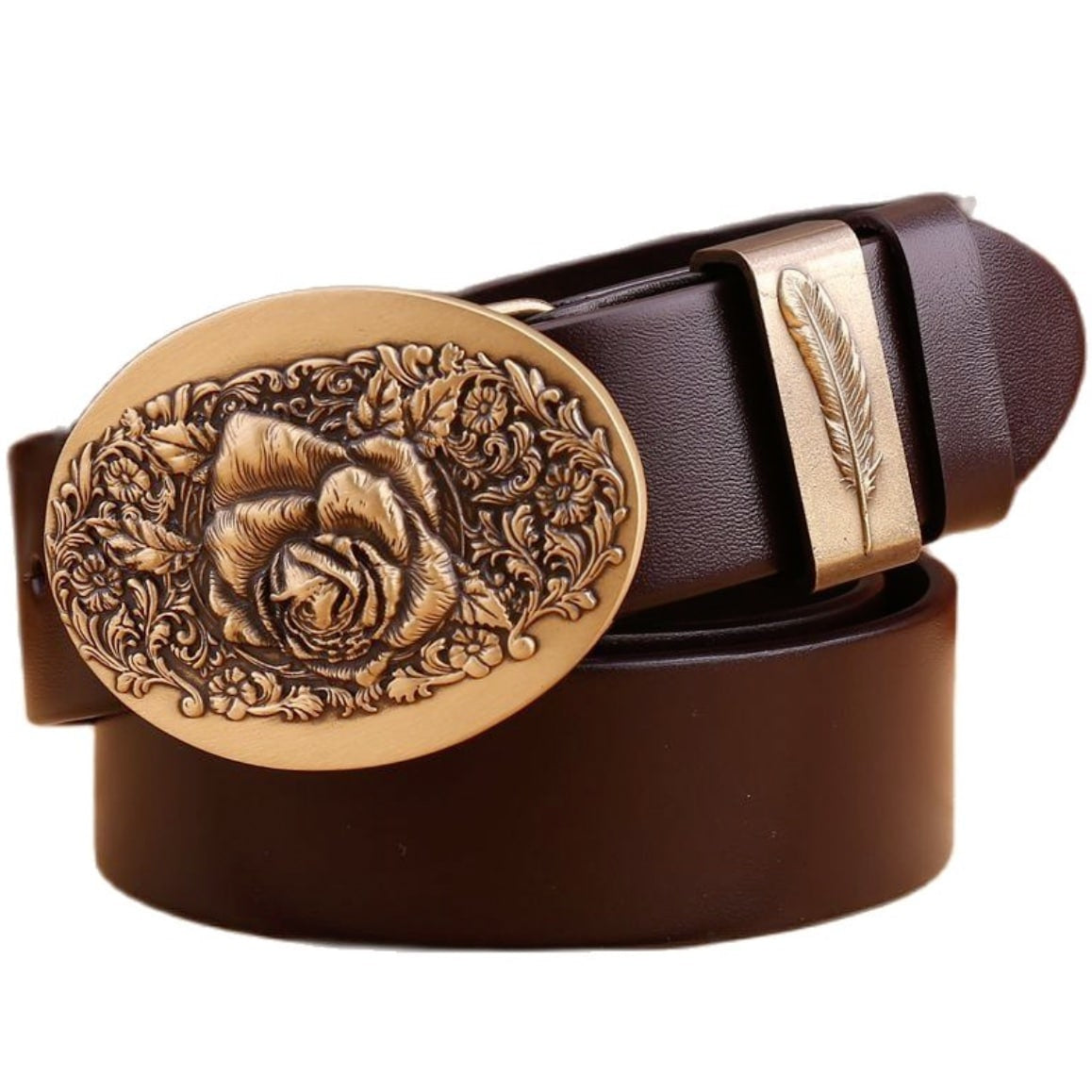 Brown leather belt with gold rose buckle and gold feather embellishment.

