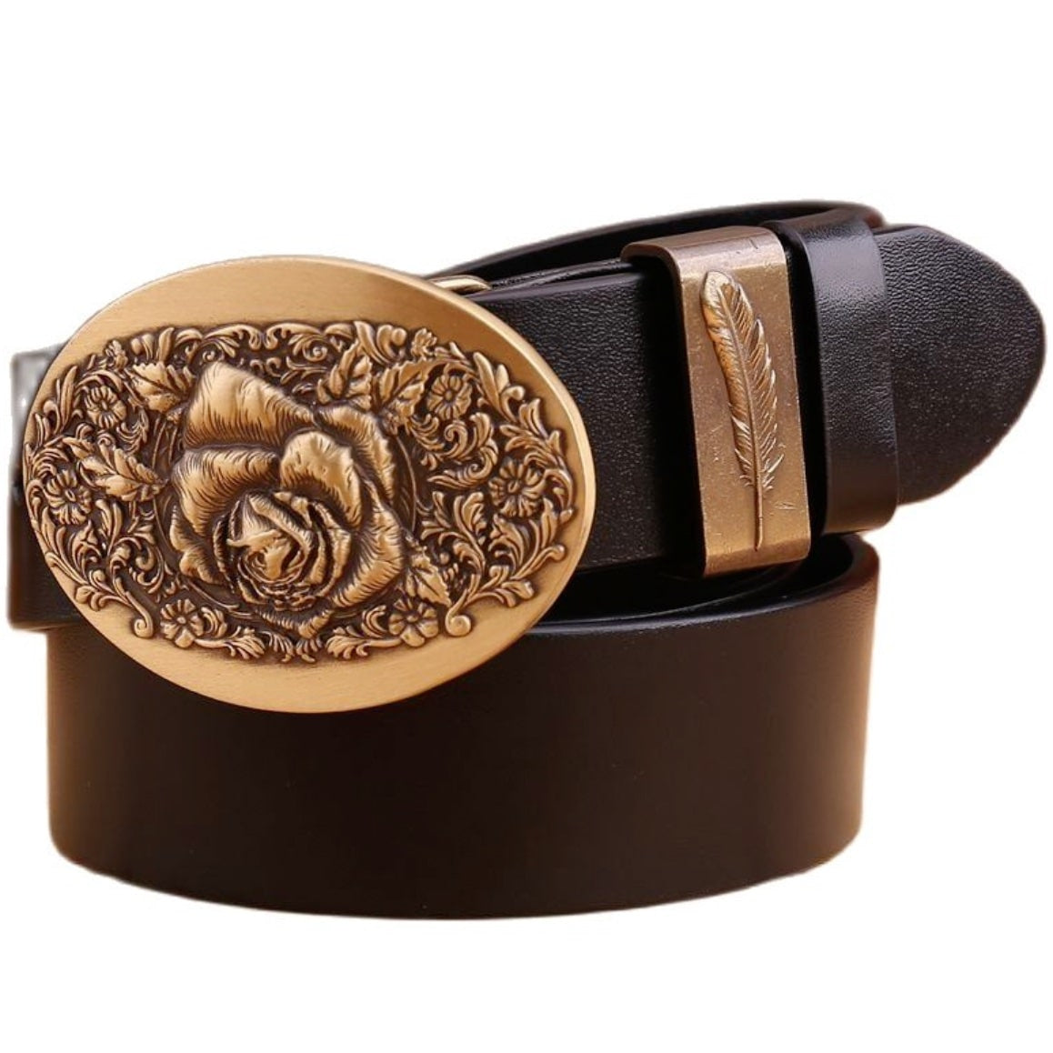 Black leather belt with a rose-engraved brass buckle and a feather-engraved loop.