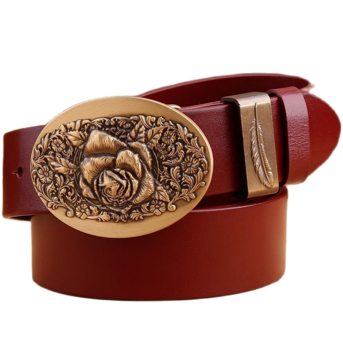 Brown leather belt with an oval gold buckle featuring a rose design.