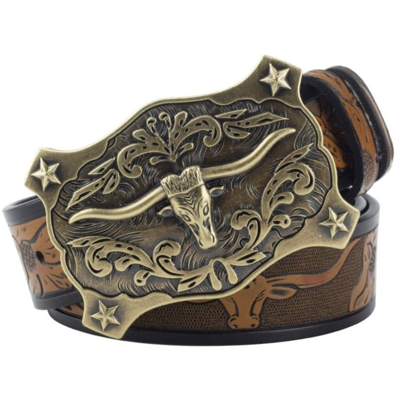 A leather belt with a large, ornate, bronze-colored buckle featuring a longhorn steer design.