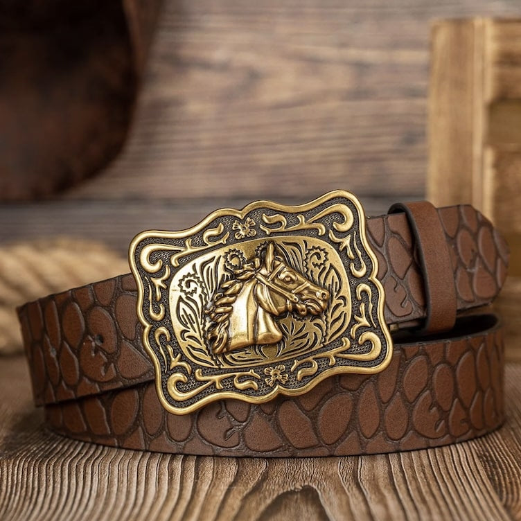 Brown leather belt with ornate gold horse buckle.
