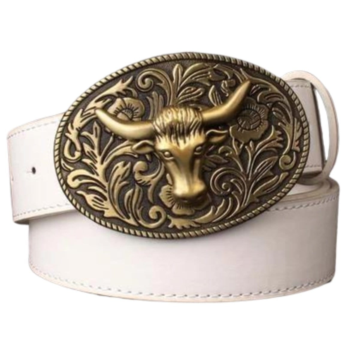 White belt with ornate gold bull buckle.