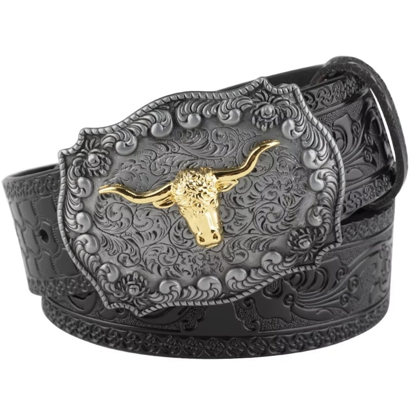 Black western belt with silver buckle and gold bull head.
