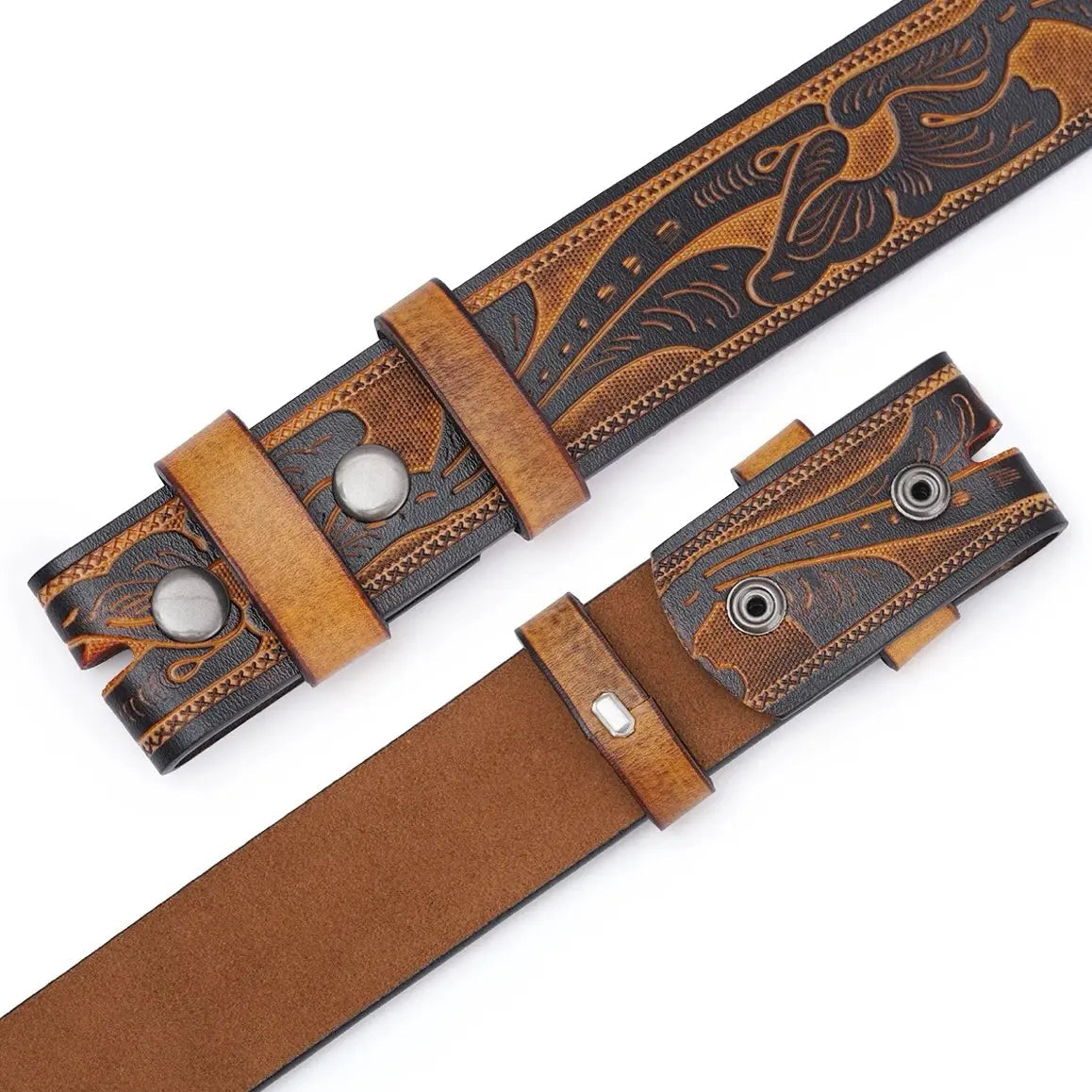 Close-up of two brown leather belts with decorative designs.
