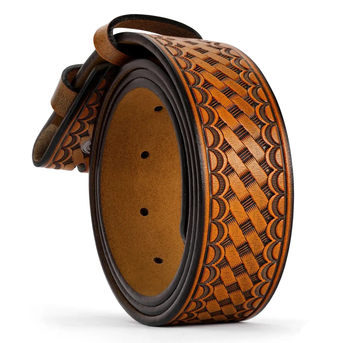 A brown leather belt with a woven pattern.