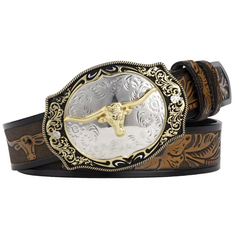 Western belt with a large silver and gold bull-shaped buckle, and brown patterned leather.