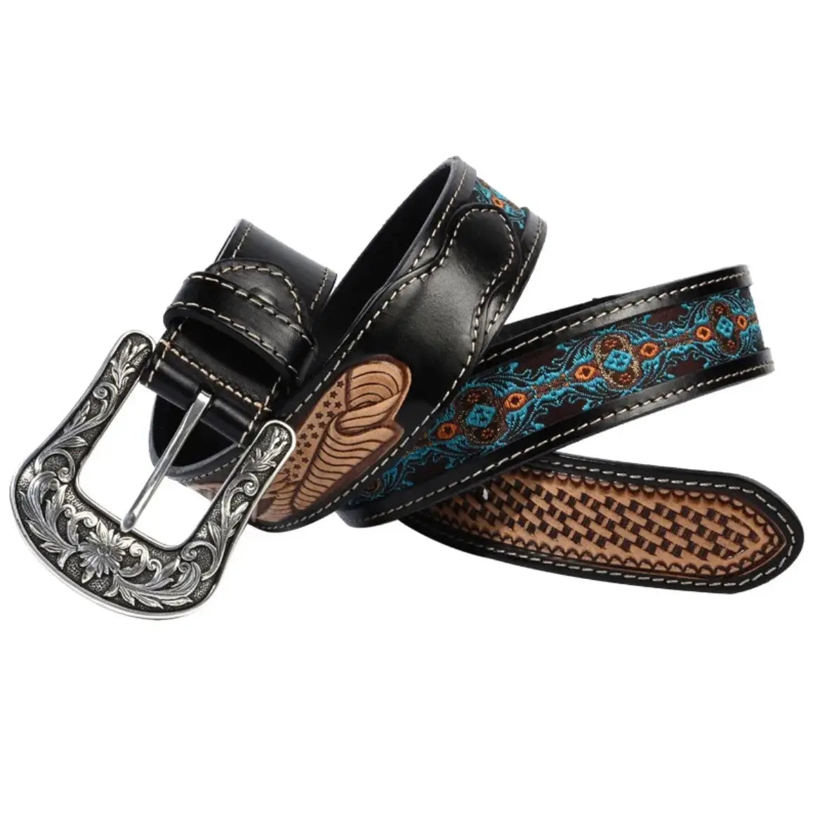 Black leather belt with silver buckle and intricate floral and western detailing. 
