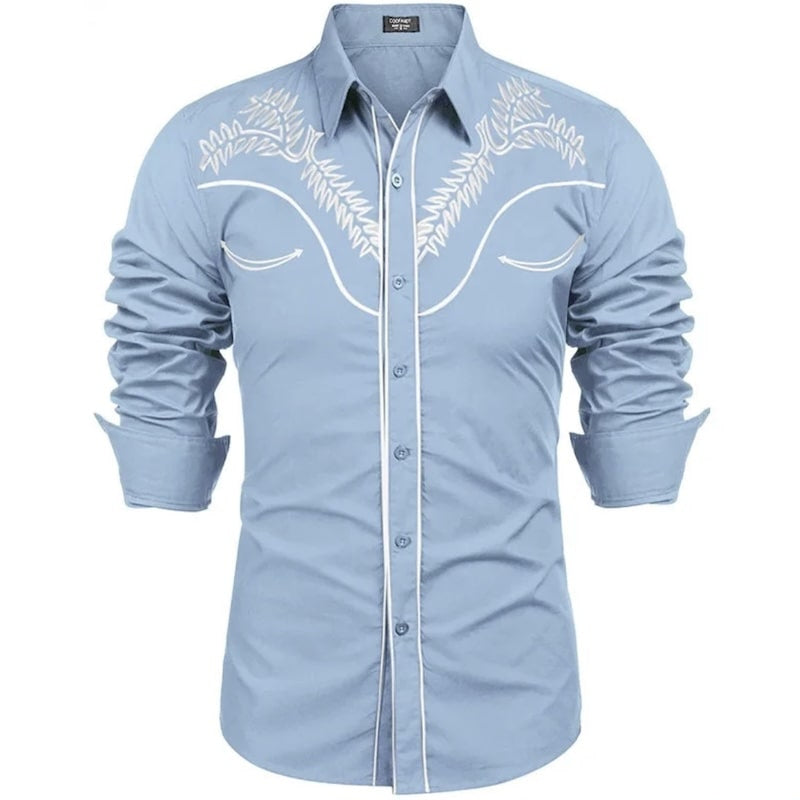 Light blue western-style shirt with white embroidery and trim.