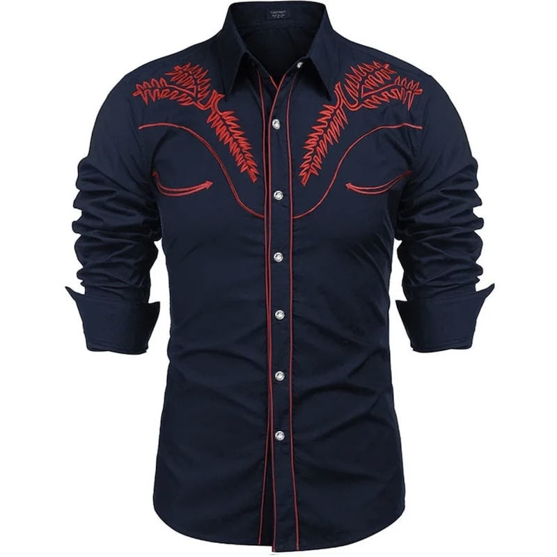 Dark blue western shirt with red embroidery and trim.