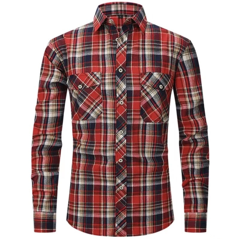 Red plaid button-down shirt.