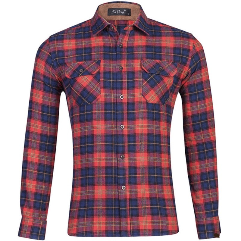 Red and blue plaid flannel shirt.