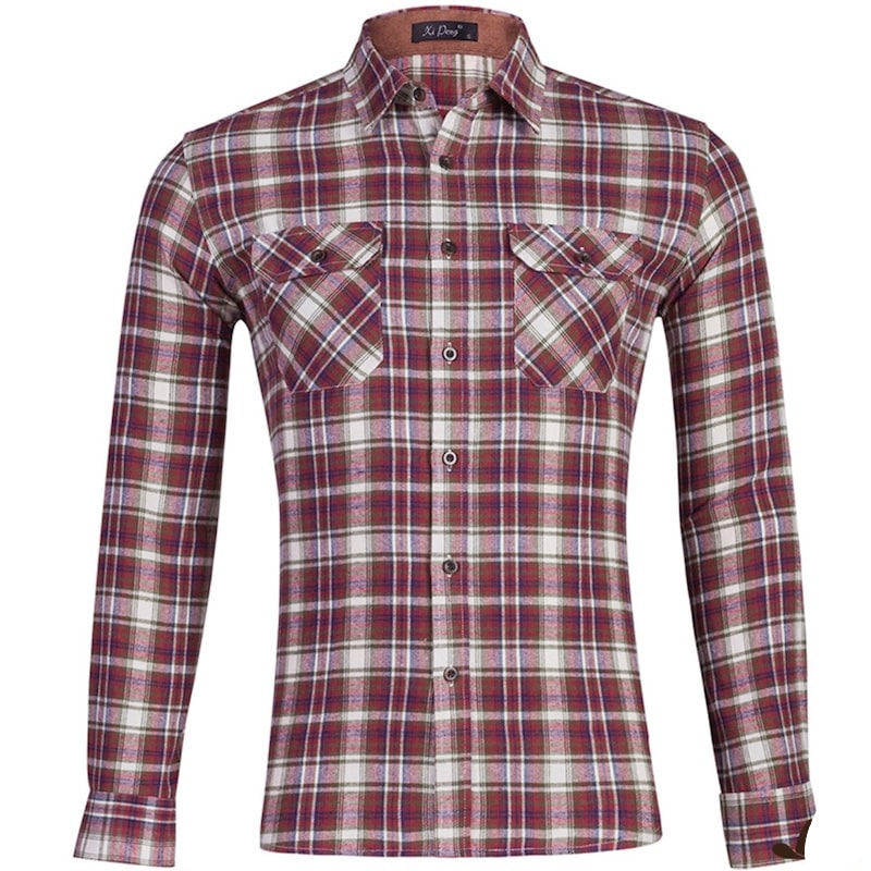 Maroon and white plaid long-sleeved shirt with two chest pockets.