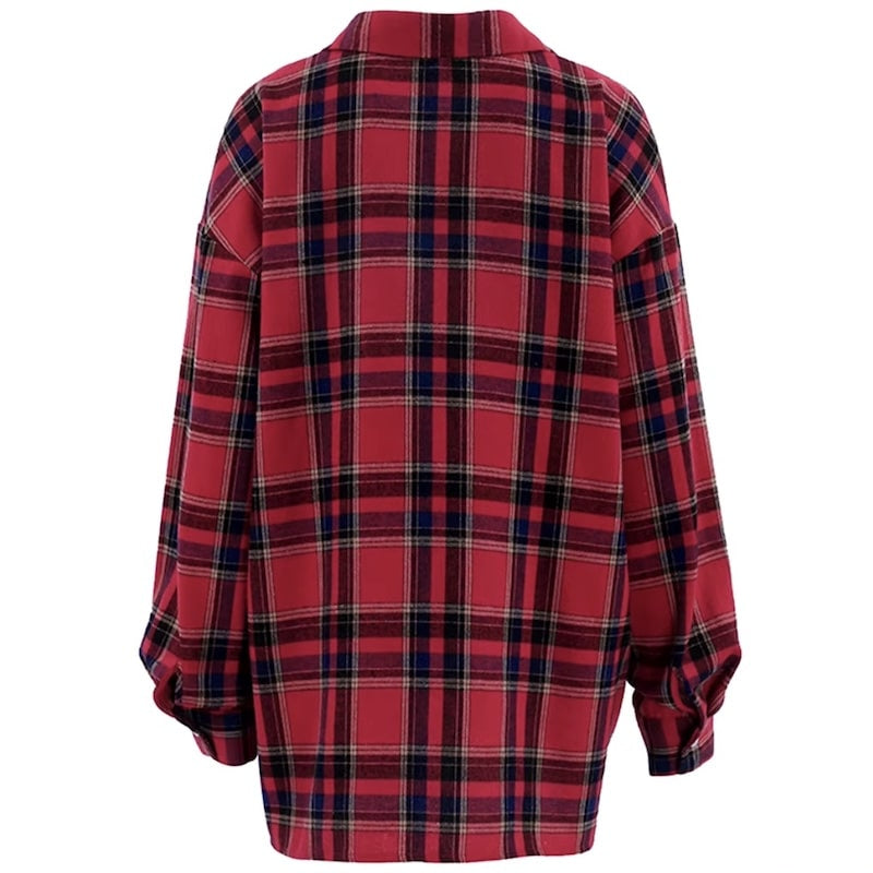 Back view of a red plaid, long-sleeve button-down shirt.