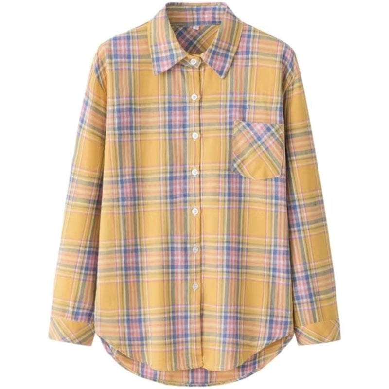 Yellow plaid button-down shirt with breast pocket.