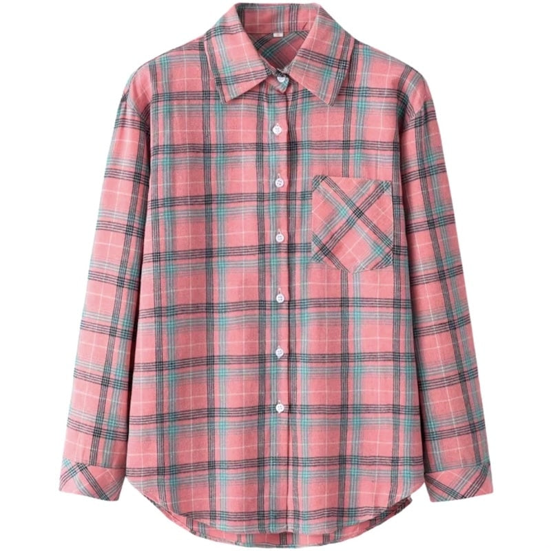 Pink plaid flannel shirt with long sleeves.
