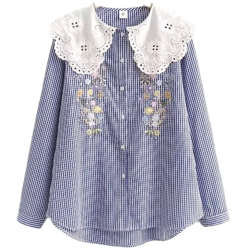 Blue and white checkered long-sleeved button-down shirt with lace collar and embroidered flowers.