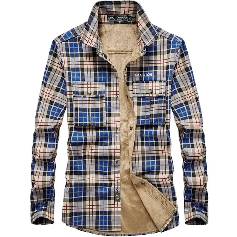 Blue and gray flannel shirt with tan fleece lining.