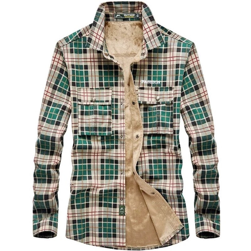 Green and tan plaid flannel shirt with tan fleece lining and front pockets.