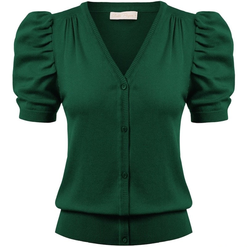 Green, short-sleeved, button-down cardigan with puff sleeves.