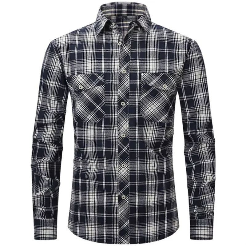 Long-sleeved black and white plaid shirt.