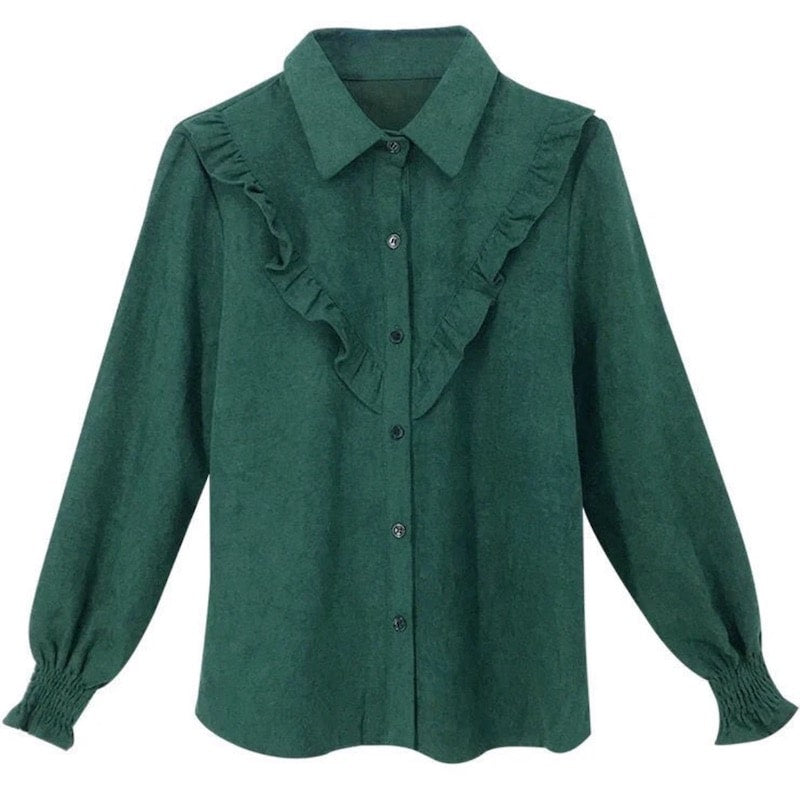 Dark green button-down shirt with ruffles.