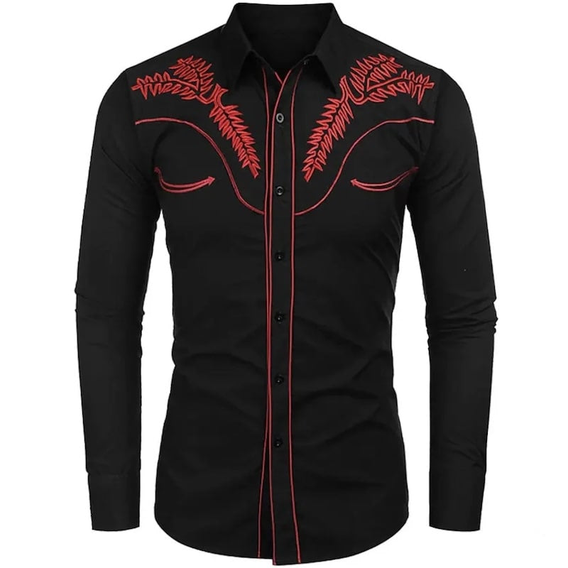 Black, long-sleeved shirt with red western-style embroidery.