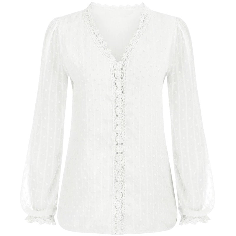 White, long-sleeved, lace-trimmed blouse.