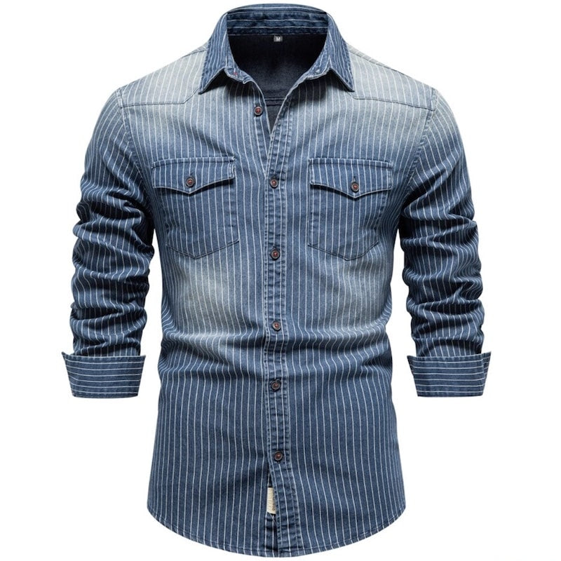 Long-sleeved, striped, blue denim shirt with chest pockets.