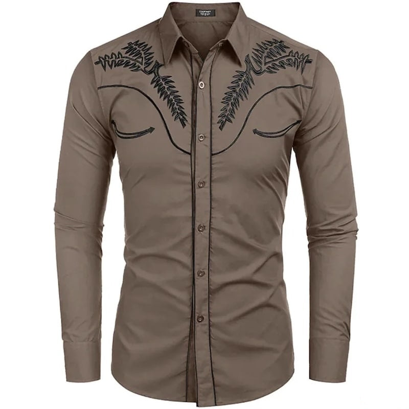 Brown long-sleeved western shirt with black embroidery.
