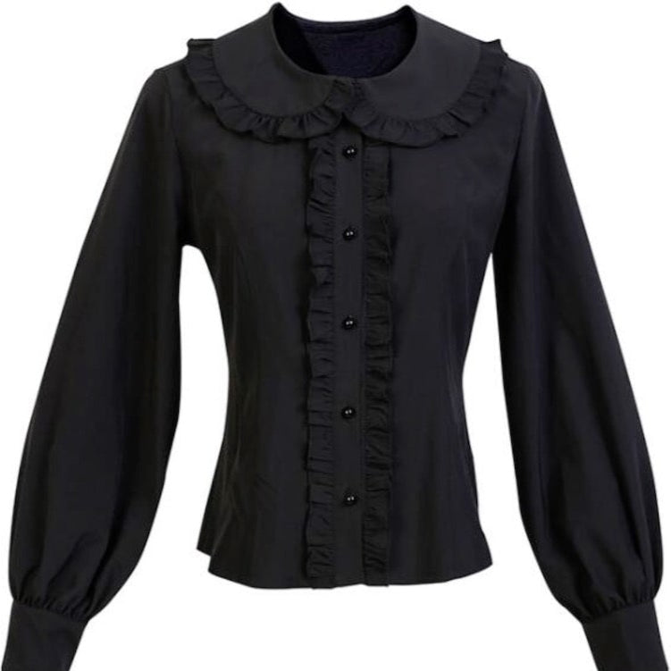 Black long-sleeve blouse with ruffled collar and front.