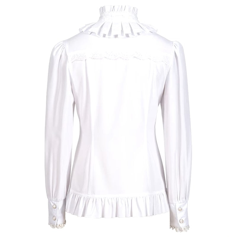 Back of a white long-sleeved blouse with ruffles and lace trim.