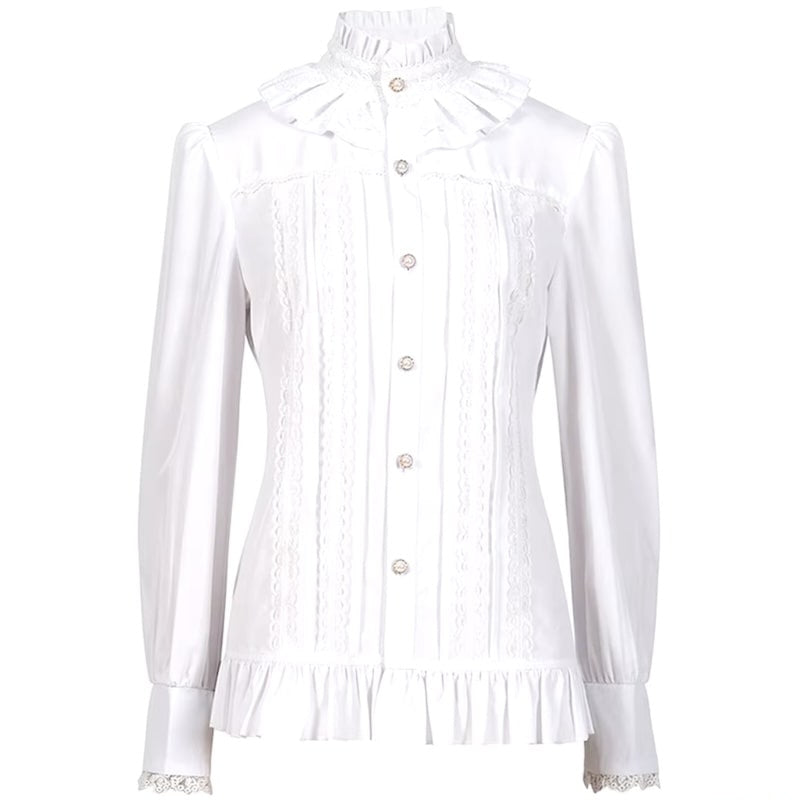 White, long-sleeved blouse with ruffles and lace. 
