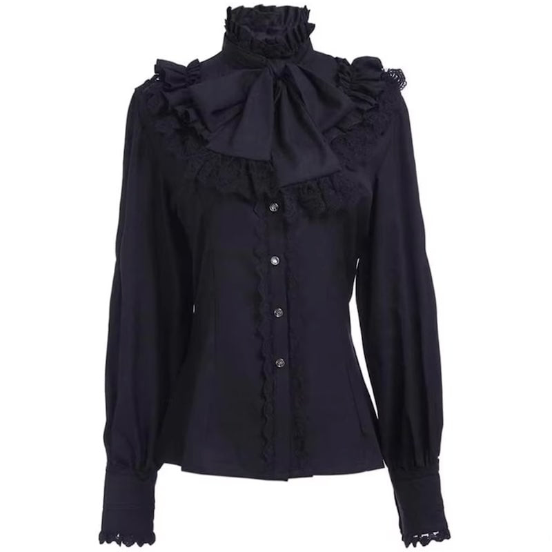 Black long-sleeved blouse with ruffled collar and bow.