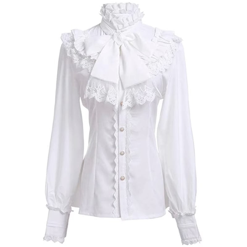 White blouse with lace trim and a bow.