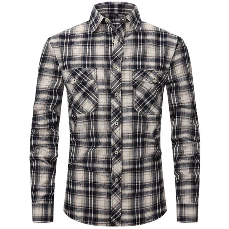 A long-sleeved, button-down plaid shirt.
