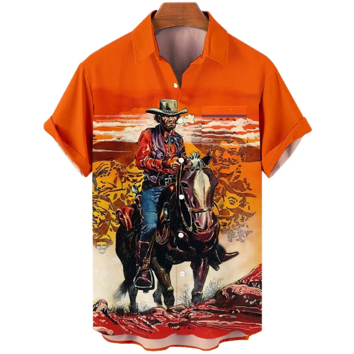 Orange short-sleeved button-down shirt with a cowboy and horse graphic.