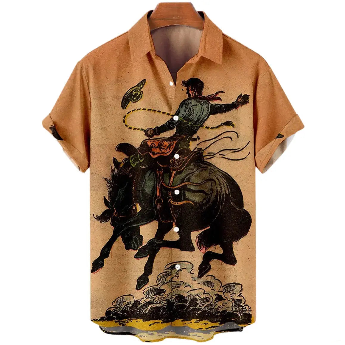 Tan button-down shirt with cowboy riding a horse illustration.